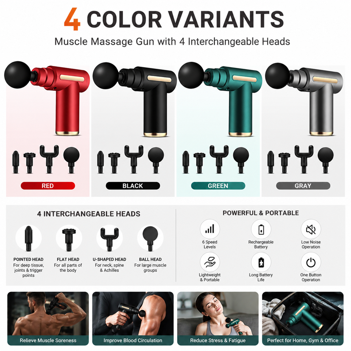 Massage Gun Deep Tissue Fascia Gun Muscle Massager Electric Body Massager for Pain Relief Muscle Recovery Portable Rechargeable Vibration Therapy Gun with Multiple Attachments Adjustable Speed