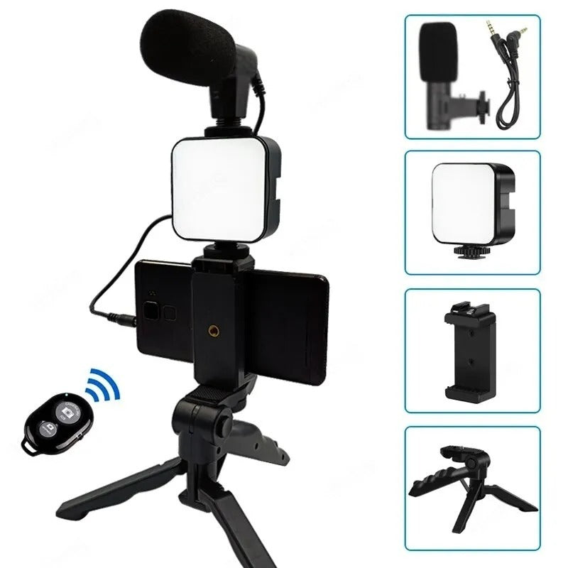 Professional Vlogging Kit with LED Fill Light, Microphone & Phone Tripod – Complete Smartphone Video Recording Kit