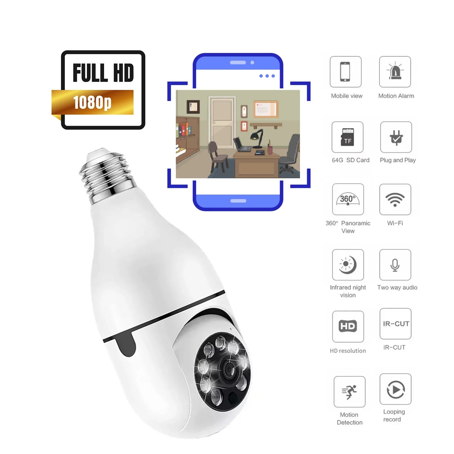 Bulb Holder Security Camera WiFi 360° Panoramic CCTV Camera with Night Vision, Motion Detection & Two-Way Audio