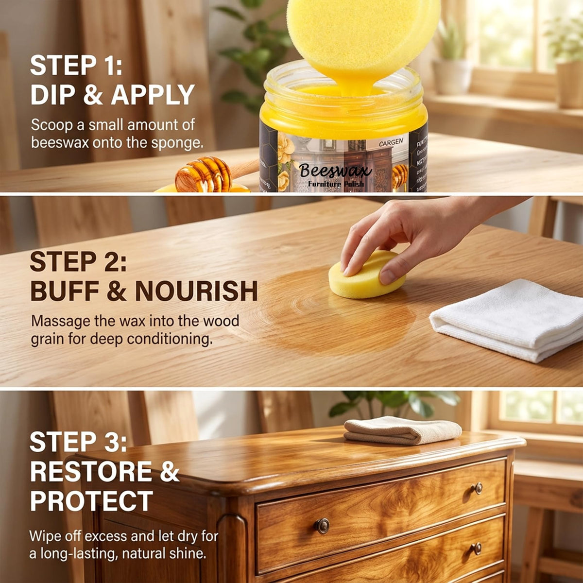 Natural Beeswax Furniture Polish – Wood Seasoning Wax for Furniture Care, Shine & Scratch Protection